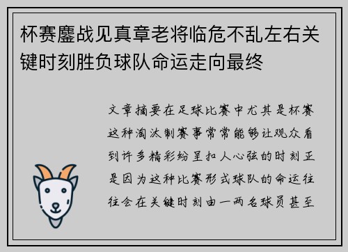杯赛鏖战见真章老将临危不乱左右关键时刻胜负球队命运走向最终